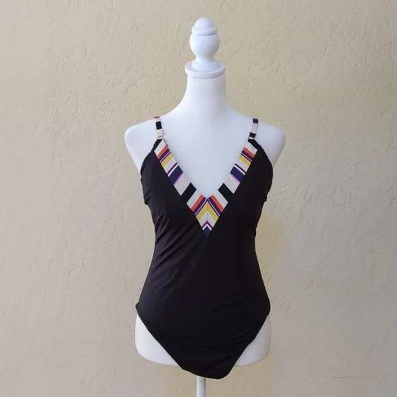 Trina Turk Black Treasure Cove Deep V Neck One Piece Swimsuit Size 12 - Picture 3 of 10